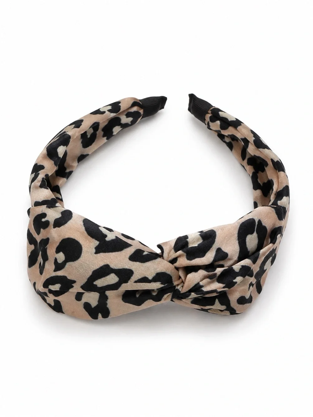 Leopard Print Satin Knot Headband Beige Black Animal Print Hair Accessory